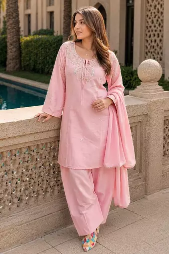 Peach crape readymade kurti set with beads sequence work