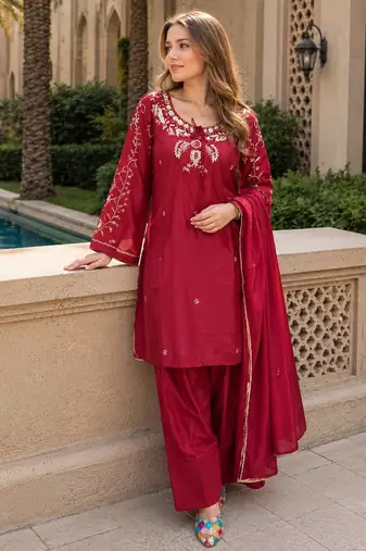 Red crape readymade kurti set with beads sequence work