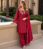 Red crape readymade kurti set with beads sequence work
