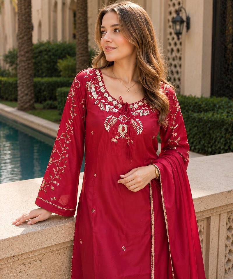 Red crape readymade kurti set with beads sequence work