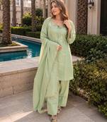 Green crape readymade kurti set with beads sequence work