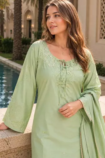 Green crape readymade kurti set with beads sequence work