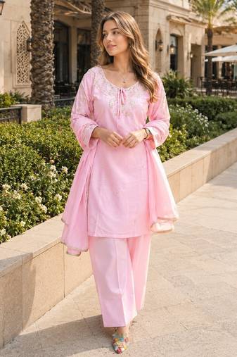 Baby pink crape readymade kurti set with beads sequin work