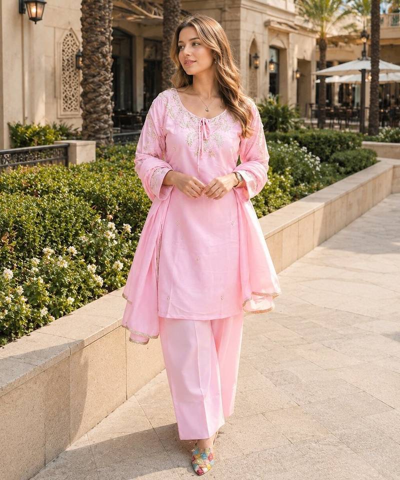 Baby pink crape readymade kurti set with beads sequence work
