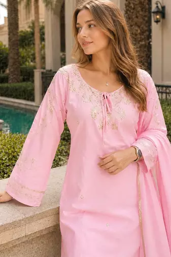 Baby pink crape readymade kurti set with beads sequence work