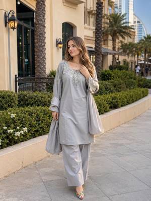Grey crape readymade kurti set with beads sequin work 1