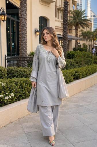 Grey crape readymade kurti set with beads sequin work