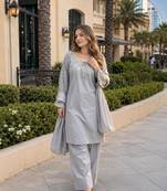 Grey crape readymade kurti set with beads sequence work