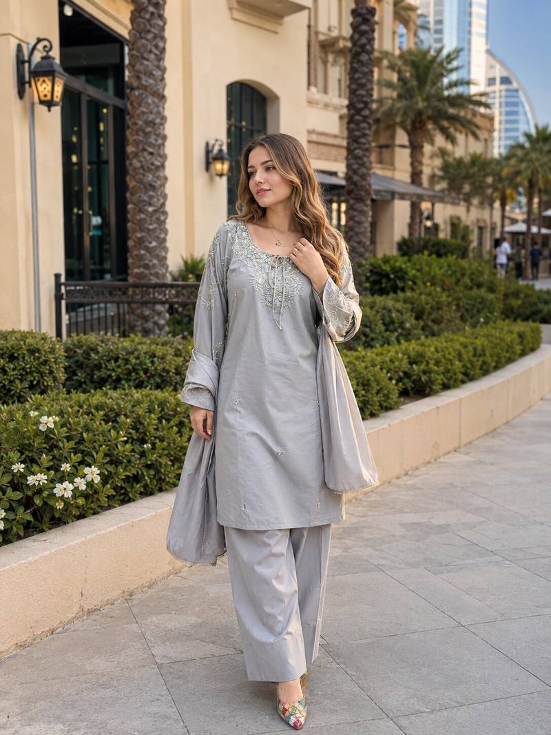 Grey crape readymade kurti set with beads sequence work