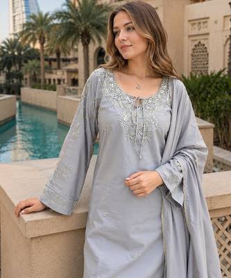 Grey crape readymade kurti set with beads sequin work 2