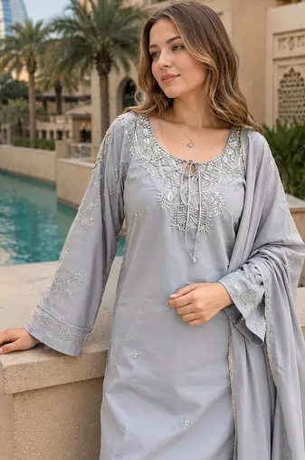 Grey crape readymade kurti set with beads sequence work