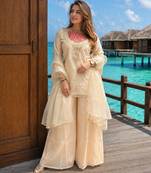 Cream roman shimmer readymade kurti set with handwork & moti work