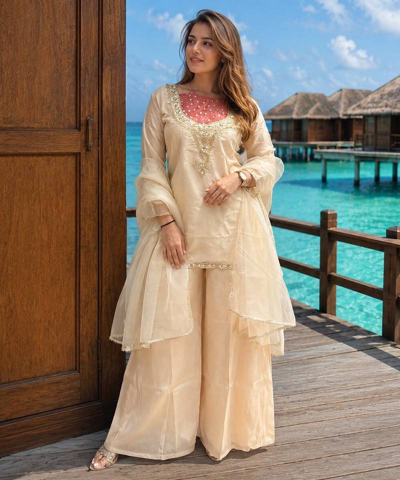 Cream roman shimmer readymade kurti set with handwork & moti work