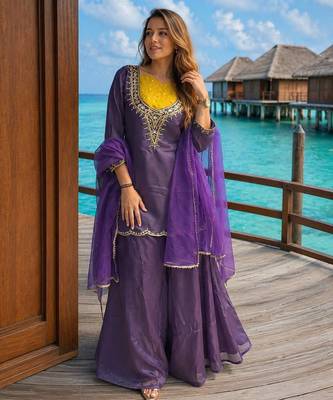 Purple roman shimmer readymade kurti set with handwork & moti work 1