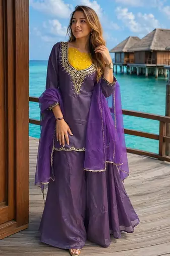 Purple roman shimmer readymade kurti set with handwork & moti work