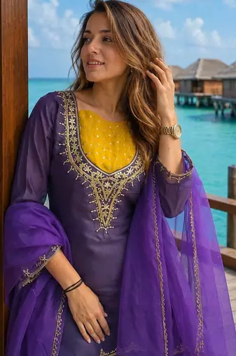 Purple roman shimmer readymade kurti set with handwork & moti work