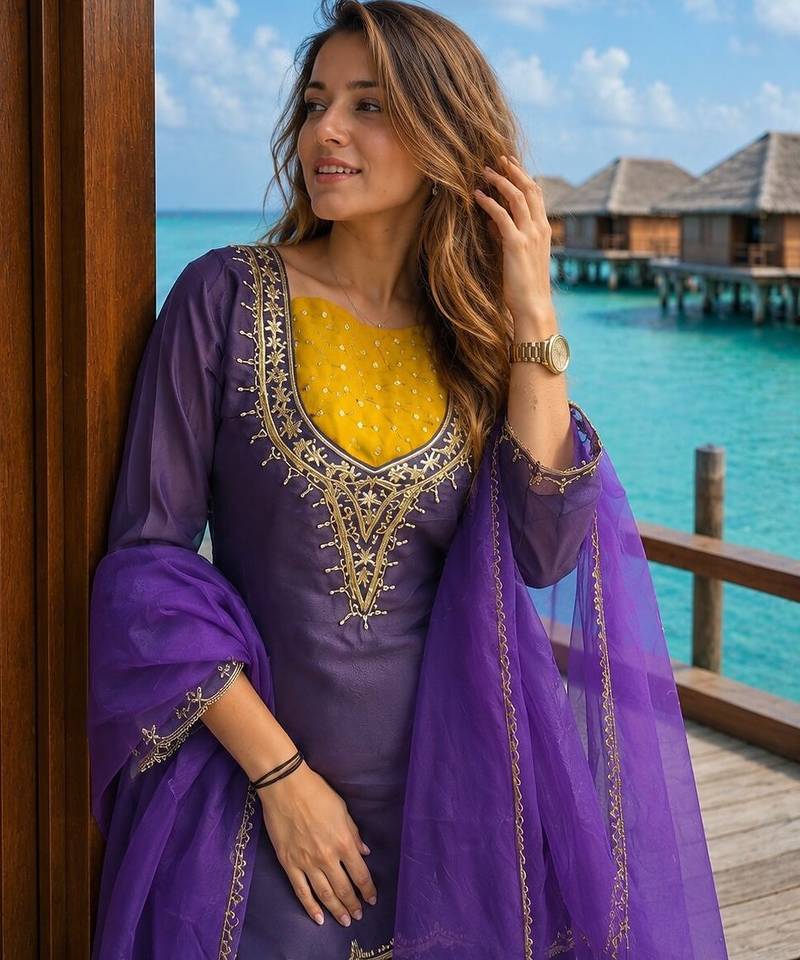 Purple roman shimmer readymade kurti set with handwork & moti work