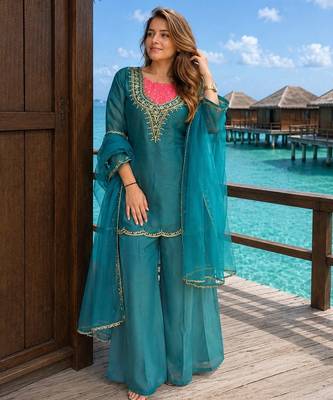 Sky-blue roman shimmer readymade kurti set with handwork & moti work 1