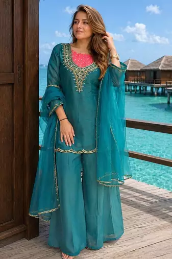 Sky-blue roman shimmer readymade kurti set with handwork & moti work