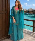 Sky-blue roman shimmer readymade kurti set with handwork & moti work
