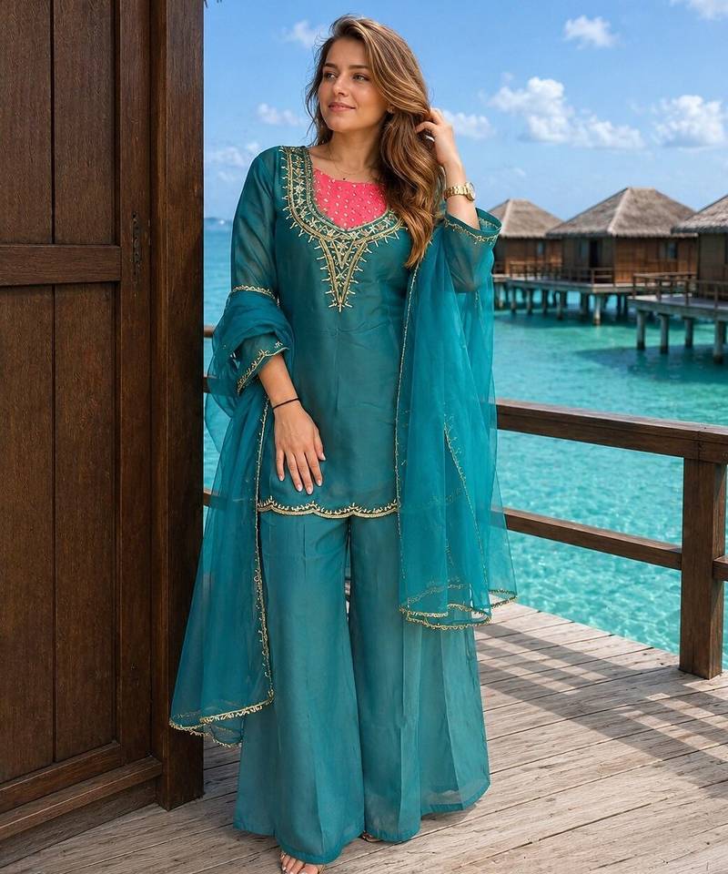 Sky-blue roman shimmer readymade kurti set with handwork & moti work