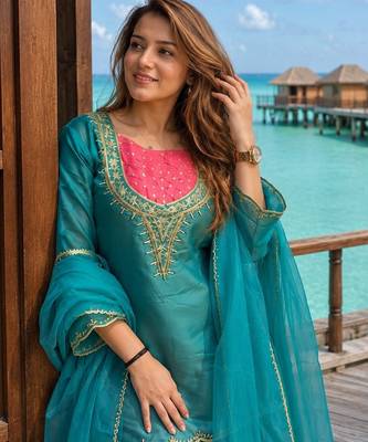 Sky-blue roman shimmer readymade kurti set with handwork & moti work 2
