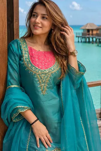 Sky-blue roman shimmer readymade kurti set with handwork & moti work