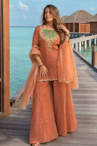 Dark peach roman shimmer readymade kurti set with handwork & moti work