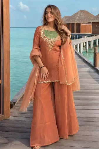Dark peach roman shimmer readymade kurti set with handwork & moti work