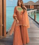 Dark peach roman shimmer readymade kurti set with handwork & moti work