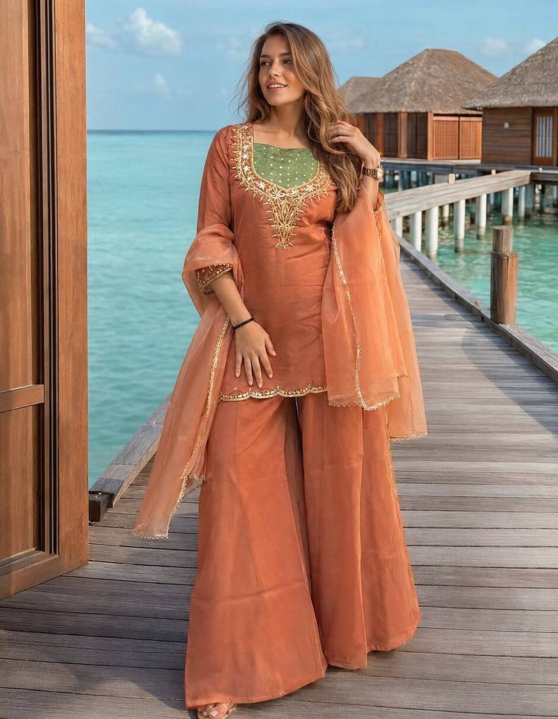 Dark peach roman shimmer readymade kurti set with handwork & moti work