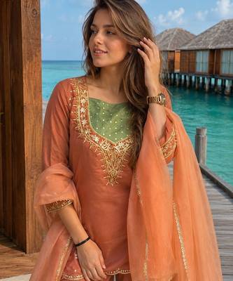 Dark peach roman shimmer readymade kurti set with handwork & moti work 2