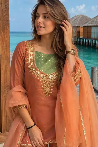 Dark peach roman shimmer readymade kurti set with handwork & moti work