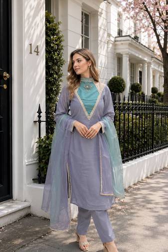 Blue roman shimmer kurti set with designer handwork