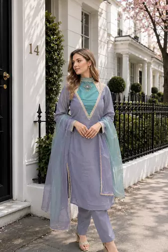 Blue roman shimmer kurti set with designer handwork