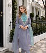Blue roman shimmer readymade kurti set with designer handwork