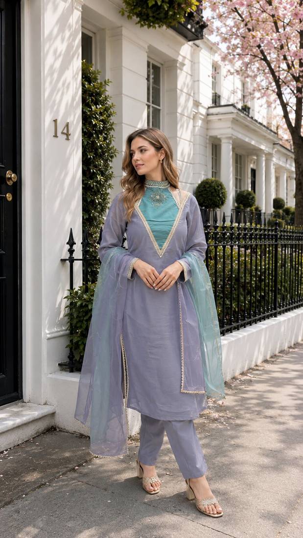 Blue roman shimmer readymade kurti set with designer handwork