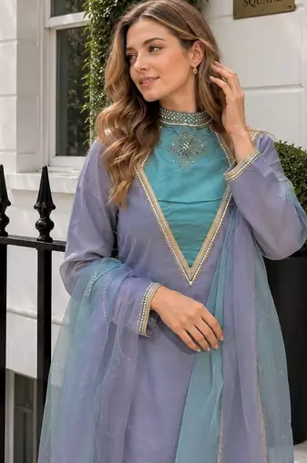 Blue roman shimmer kurti set with designer handwork