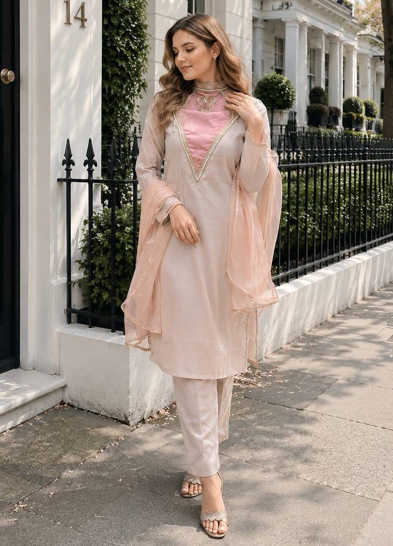Rose roman shimmer readymade kurti set with designer handwork