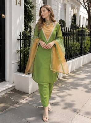 Parrot-green roman shimmer readymade kurti set with designer handwork 1