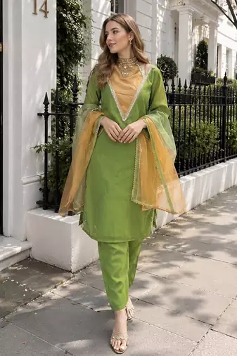 Parrot-green roman shimmer readymade kurti set with designer handwork