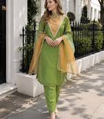 Parrot-green roman shimmer readymade kurti set with designer handwork