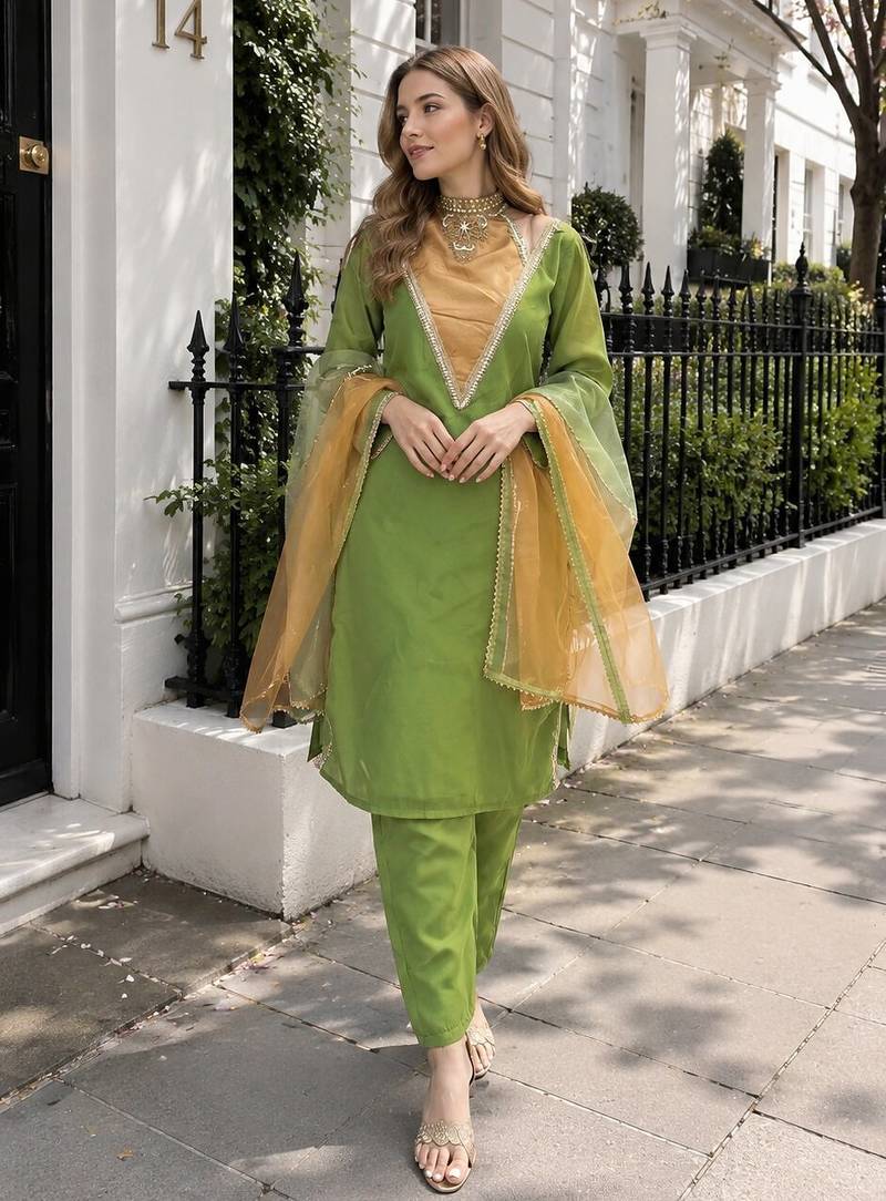Parrot-green roman shimmer readymade kurti set with designer handwork