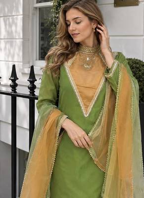 Parrot-green roman shimmer readymade kurti set with designer handwork 2