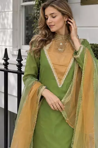Parrot-green roman shimmer readymade kurti set with designer handwork