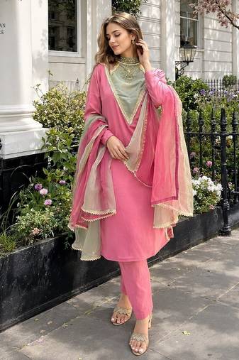 Rani-pink roman shimmer readymade kurti set with designer handwork