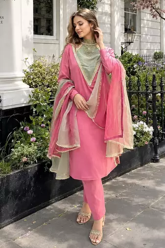 Rani-pink roman shimmer readymade kurti set with designer handwork