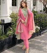 Rani-pink roman shimmer readymade kurti set with designer handwork