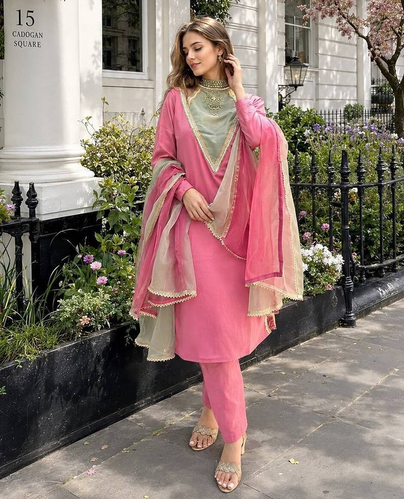 Rani-pink roman shimmer readymade kurti set with designer handwork