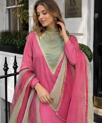 Rani-pink roman shimmer readymade kurti set with designer handwork 2